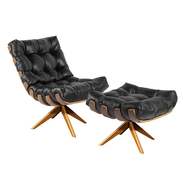 Poltrona E Puff Giratório Costela Couro Legítimo Base De Made