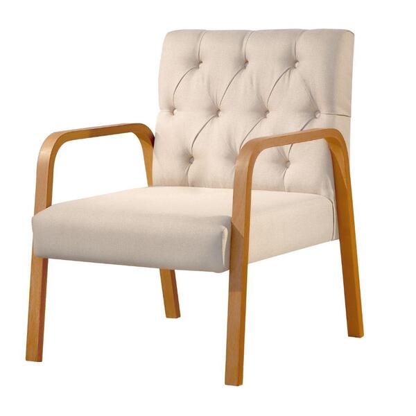 Poltrona Ellie Linho Nude Com Capitonê E Base Madeira