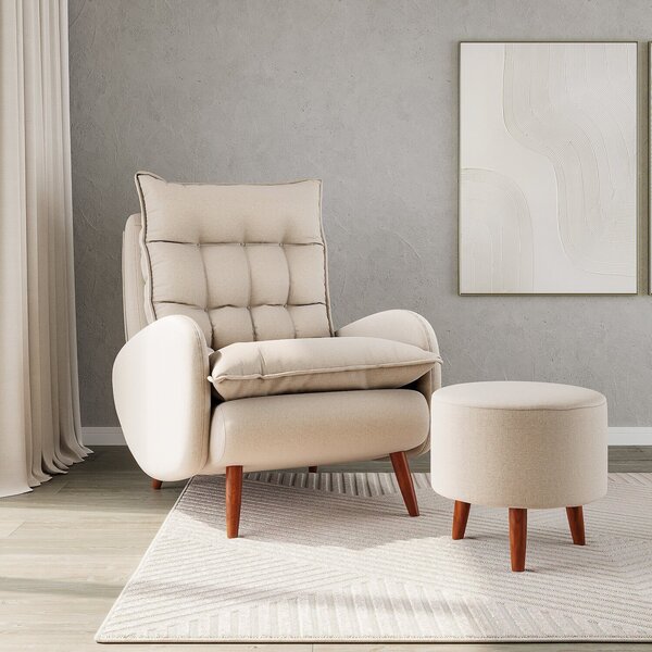 Poltrona Eloá Plus Com Puff Linho Para Sala De Estar Bege