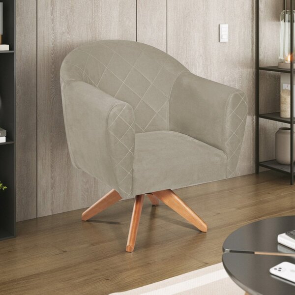 Poltrona Em Linho Base Giratória De Madeira Herrera Bege