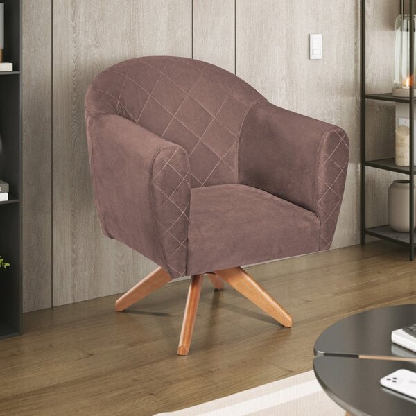 Poltrona Em Linho Base Giratória De Madeira Herrera Rosê