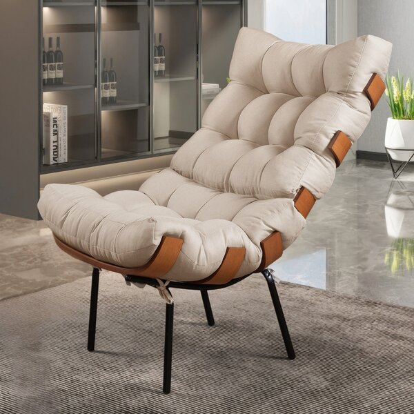 Poltrona Em Linho Costela Sem Puff Linho Bege Médio