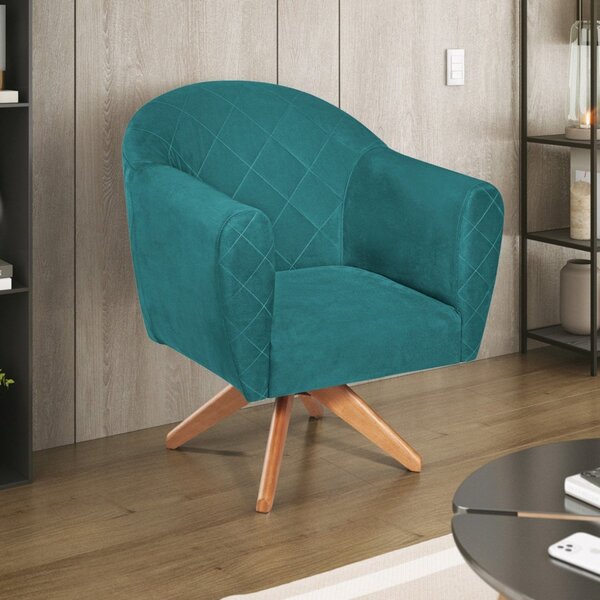 Poltrona Em Suede Base Giratória De Madeira Herrera Azul Turq