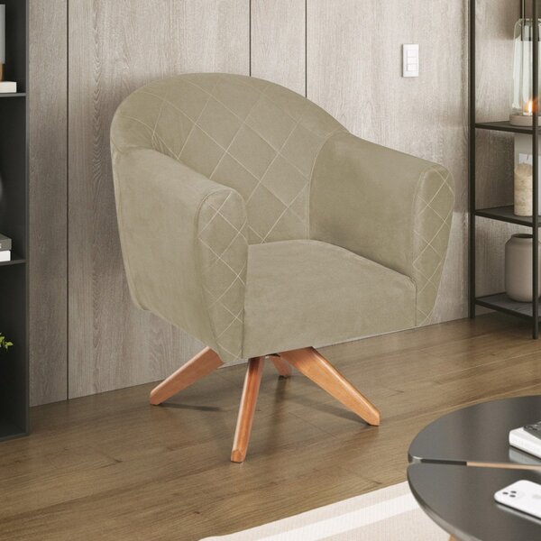 Poltrona Em Suede Base Giratória De Madeira Herrera Bege