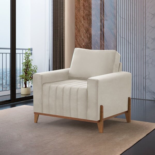 Poltrona Em Veludo Pés Em Madeira Mm24 Pérola