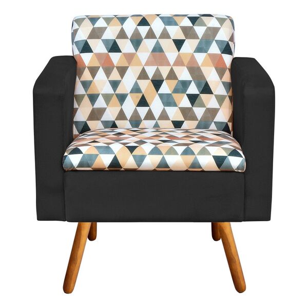 Poltrona Emília Estampado Triangulo D87 Com Suede Preto Pés P
