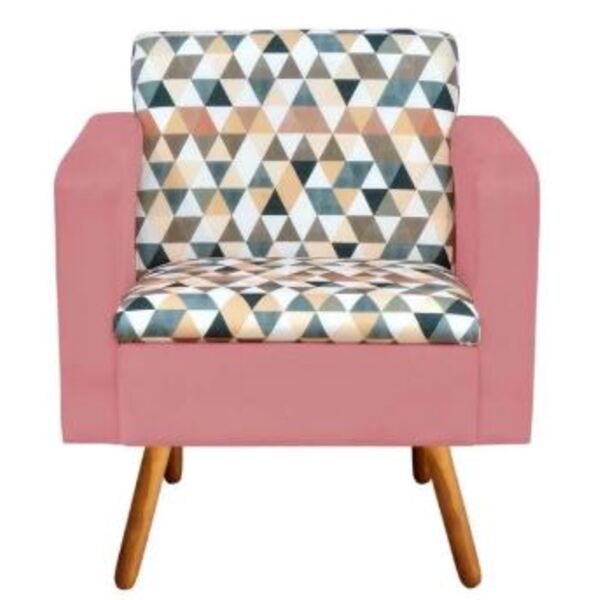 Poltrona Emília Estampado Triangulo D87 Com Suede Rose Pés Pa