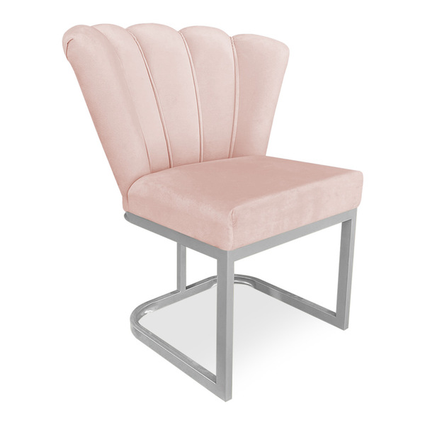 Poltrona Flor Veludo Rosa Bebê Base Metálica Industrial Prata