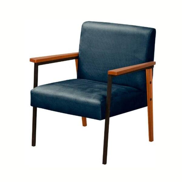 Poltrona Fontana Veludo Azul Base Em Metal Preto E Madeira