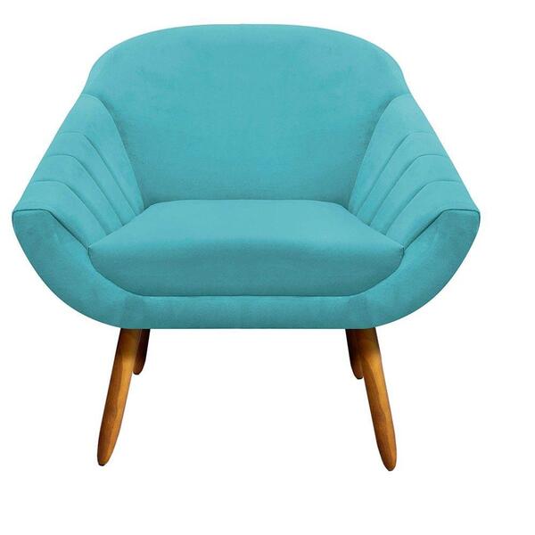 Poltrona Giovana Suede Azul Turquesa Pés Palito Castanho D´ro