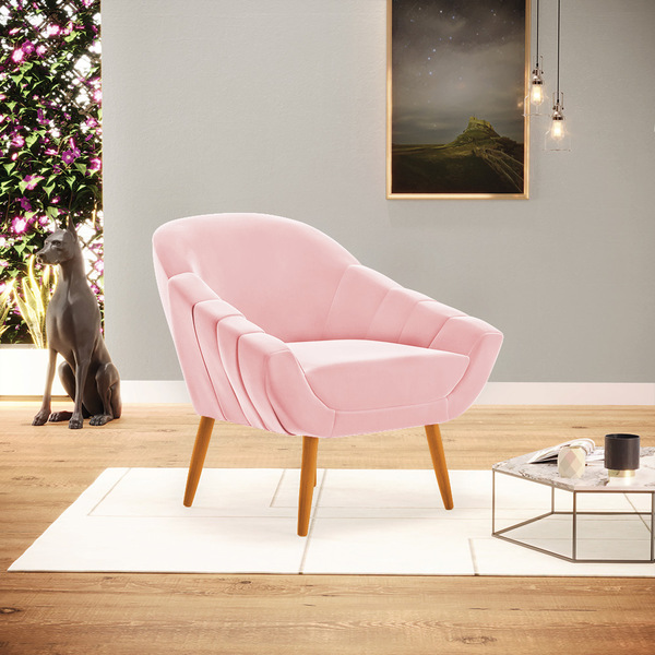 Poltrona Giovana Suede Rosa Bebê Pés Palito Castanho D03 - D'