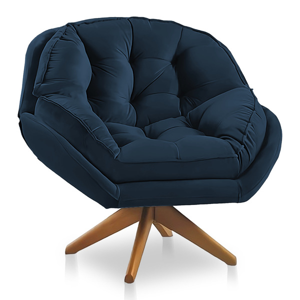 Poltrona Giratória Chicago Veludo Azul Marinho Base De Madeir