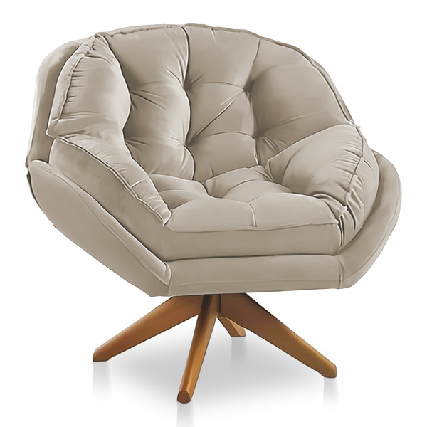 Poltrona Giratória Chicago Veludo Bege Base De Madeira - Pall