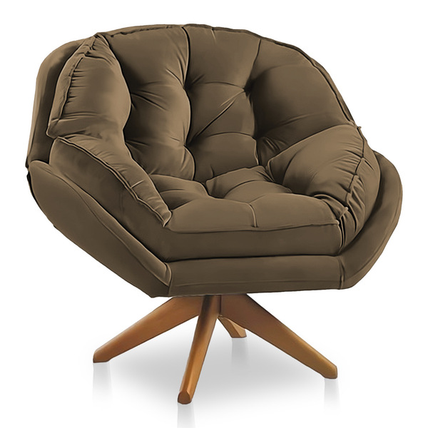 Poltrona Giratória Chicago Veludo Cappuccino Base De Madeira