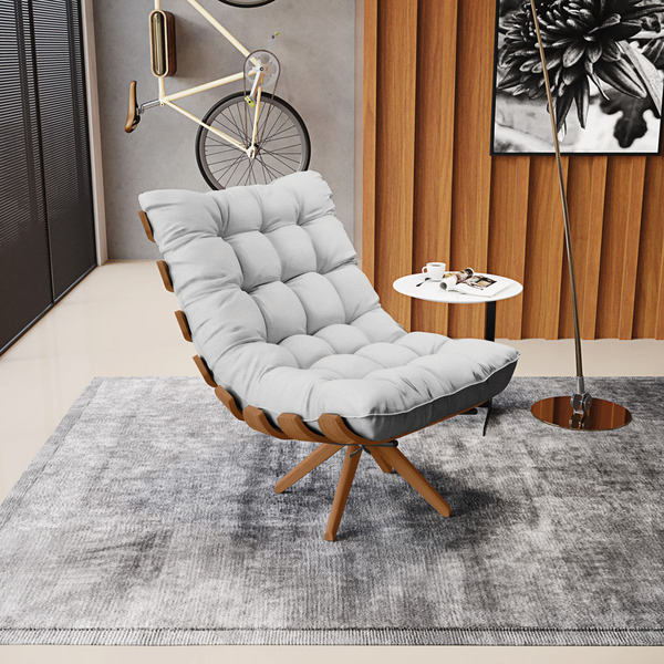 Poltrona Giratória Costela Base Madeira Ma30 Linho Cinza D03