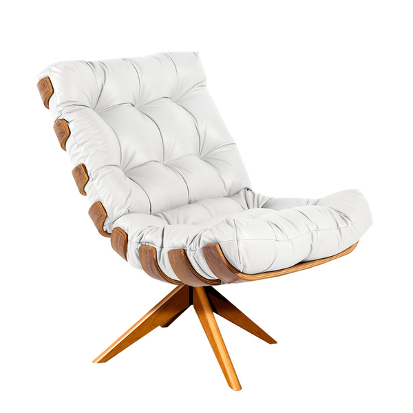 Poltrona Giratória Costela Couro Branco Base De Madeira Mm30