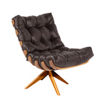 Poltrona Giratória Costela Couro Legítimo Marrom Base Madeira