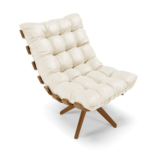 Poltrona Giratória Costela Sintético Bege Base De Madeira Ma3