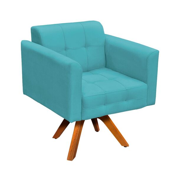 Poltrona Giratória Elisa Suede Azul Turquesa Base Madeira Mm3