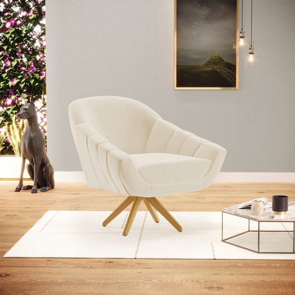 Poltrona Giratória Giovana Linho Areia A27 Base De Madeira Ma