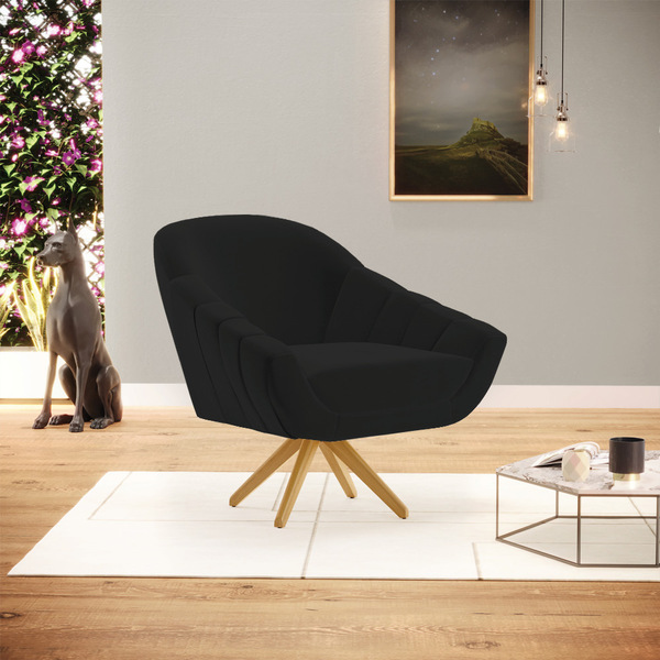 Poltrona Giratória Giovana Linho Preto A79 Base De Madeira Ma