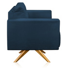 Poltrona Giratória Luisa Suede Azul Marinho Base De Madeira M