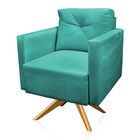 Poltrona Giratória Luisa Suede Azul Turquesa Base De Madeira