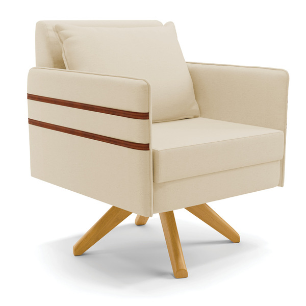 Poltrona Giratória Mari Linho Palha A32 Base De Madeira Ma30