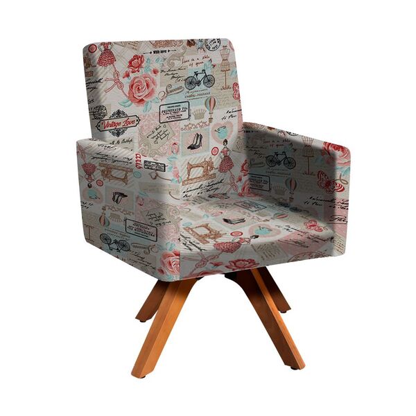 Poltrona Giratória Nina Estampado Base Madeira Mm30 D'rossi -