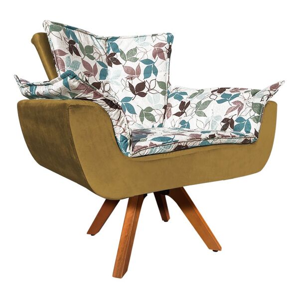 Poltrona Giratória Opala Folhas D68 E Veludo Base Madeira Mm3