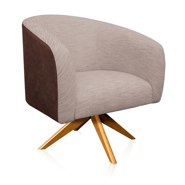 Poltrona Giratória Stella Corano Marrom Com Linho Base Madeir