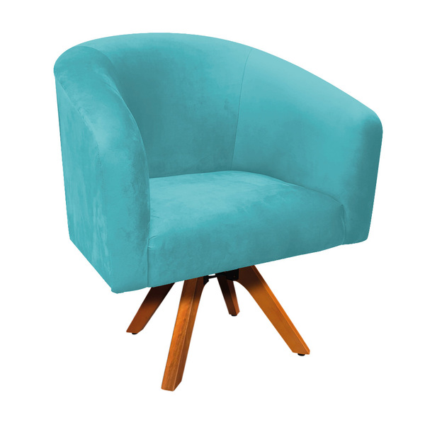 Poltrona Giratória Stella Suede Azul Turquesa Base Madeira Mm