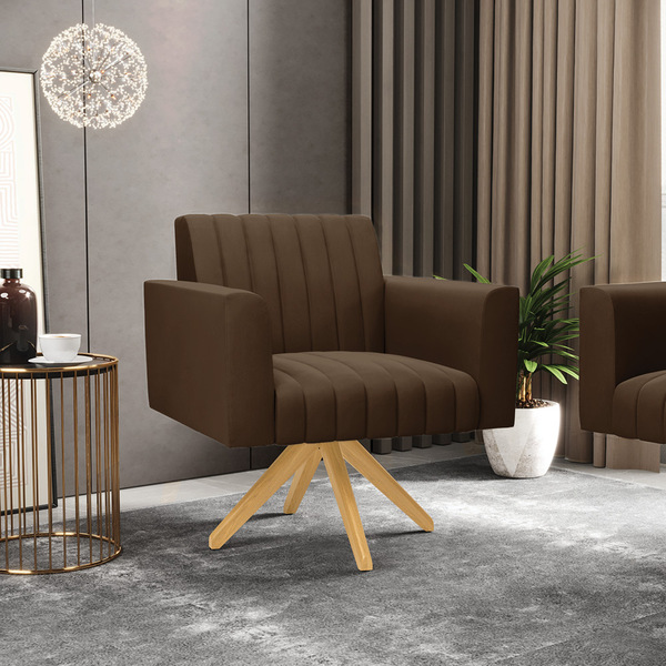 Poltrona Giratória Viena Gomada Suede Marrom Base De Madeira