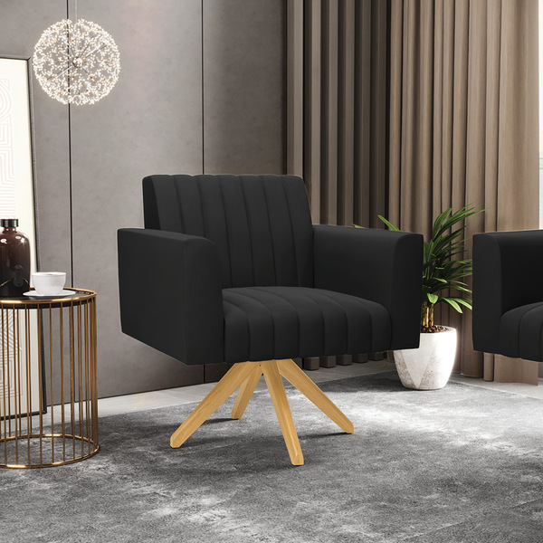 Poltrona Giratória Viena Gomada Suede Preto Base De Madeira M