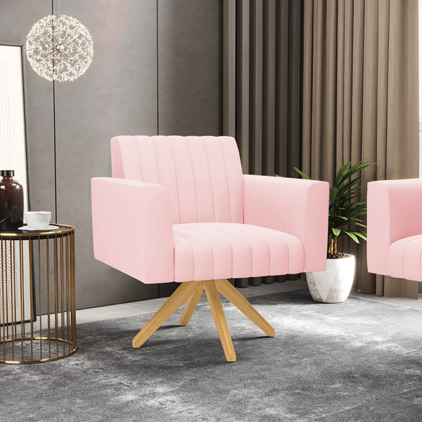 Poltrona Giratória Viena Gomada Suede Rosa Bebê Base De Madei