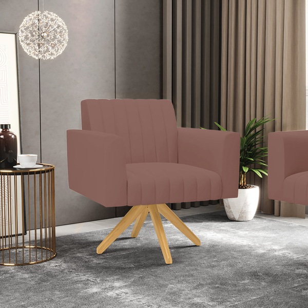 Poltrona Giratória Viena Gomada Veludo Rosê Base De Madeira M