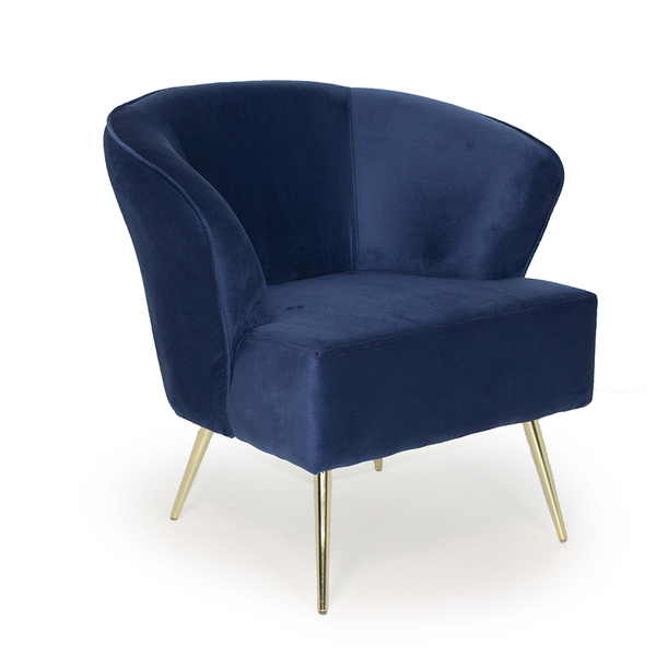 Poltrona Íris Veludo Azul B-170 Pés Palito Metálico Dourado -
