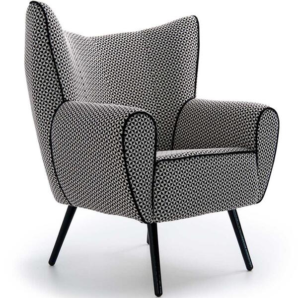 Poltrona Kora Pés Palito Preto Linho Geométrico Preto