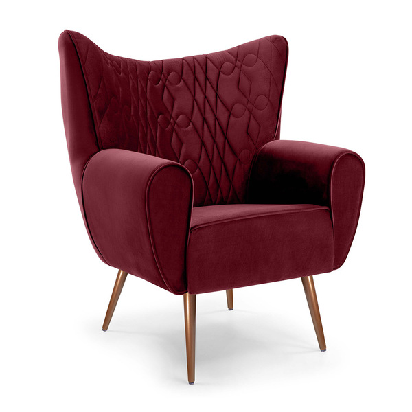 Poltrona Kora Tressê Veludo Bordô D-500 Pés Palito Metálico C