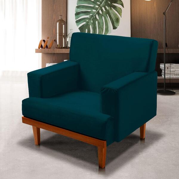 Poltrona Living Com Pés De Madeira Veludo Azul Lima Shop Jm