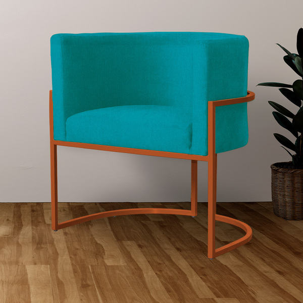 Poltrona Luana Base Metálica Cobre Suede Azul Turquesa - Vall