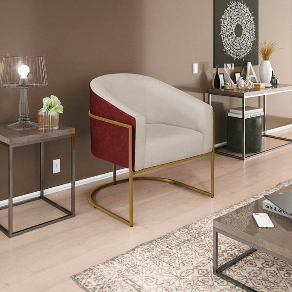 Poltrona Luiza Base De Ferro Dourado Factor Vermelho E Linho