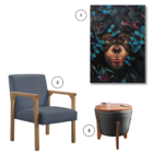 Poltrona Luna Azul Puff Flex Escuro E Quadro Macaco E Borbole