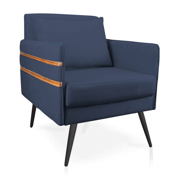 Poltrona Mari Suede Azul Marinho Com Tira Corano Nozes Pés Pa