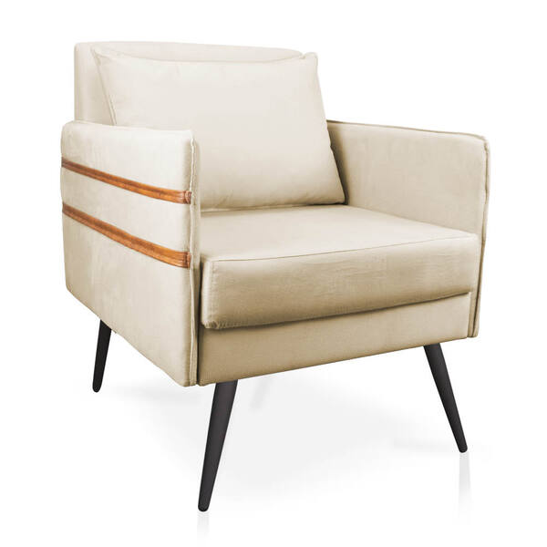 Poltrona Mari Suede Bege Com Tira Corano Nozes Pés Palito De