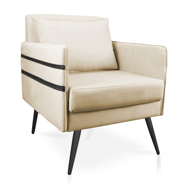 Poltrona Mari Suede Bege Com Tira Corano Preto Pés Palito De