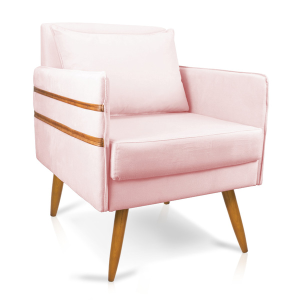 Poltrona Mari Suede Rosa Bebê Com Tira Corano Nozes Pés Palit