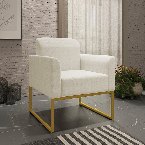 Poltrona Marisa Linho Bege Base Industrial Dourado Tana Decor