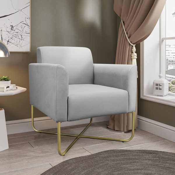 Poltrona Marisa Suede Cinza Base Industrial Em X Dourada Tana