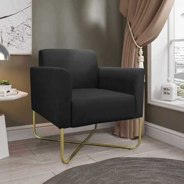 Poltrona Marisa Suede Preto Base Industrial Em X Dourada Tana